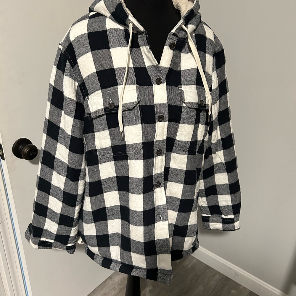 Lands' End fleece lined Black and White Plaid Hooded flannel Jacket